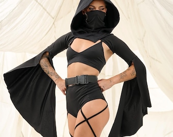 Rave Clothing Women, Black Bell Sleeve Shrug, Goth Women Set, Sexy Festival Outfit