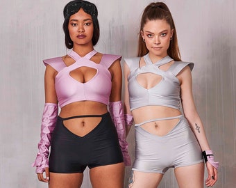 Top corto sexy con recortes para fiesta, disfraz de extraterrestre, bralette para festival