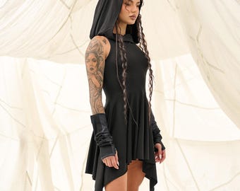 Black Rave Hooded Dress, Festival Extravagant Clothing