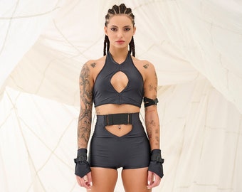 Sexy Festival Set, Festival Bralette, Rave Shorts, Cyberpunk Clothing Woman, Burning Man Clothing, Cut Out Rave Set, High Waisted Shorts