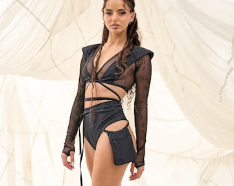 Burning Man Rave Outfit, Mesh Long Sleeve Top, High-Cut Bottoms