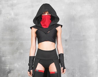 Assassin Hood Men, Ninja Hood, Masque d'Halloween, Capuche d'Halloween pour homme, Costume de Ninja pour homme, Cagoule rouge pour homme, Masque d'écharpe de capuche, Capuche de capot