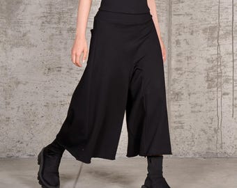 Handmade Black Cotton Gaucho Pants, Cropped Wide Leg Trousers