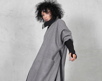 Plus Size Wollmantel, übergroßer grauer Wintermantel, handgemacht
