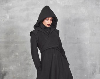 Long Winter Coat Women, Wool Coat Women, Gothic Coat, Long Coat Women, Wool Black Coat with Hood, Hooded Coat, Winter Coat with Big Hood
