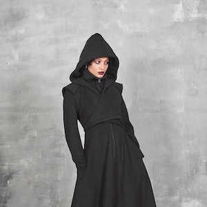 Langer Wintermantel Frauen, Wollmantel Frauen, Gothic Mantel, Langer Mantel Frauen, Wolle Schwarzer Mantel mit Kapuze, Kapuzenmantel, Wintermantel mit Grosser Kapuze