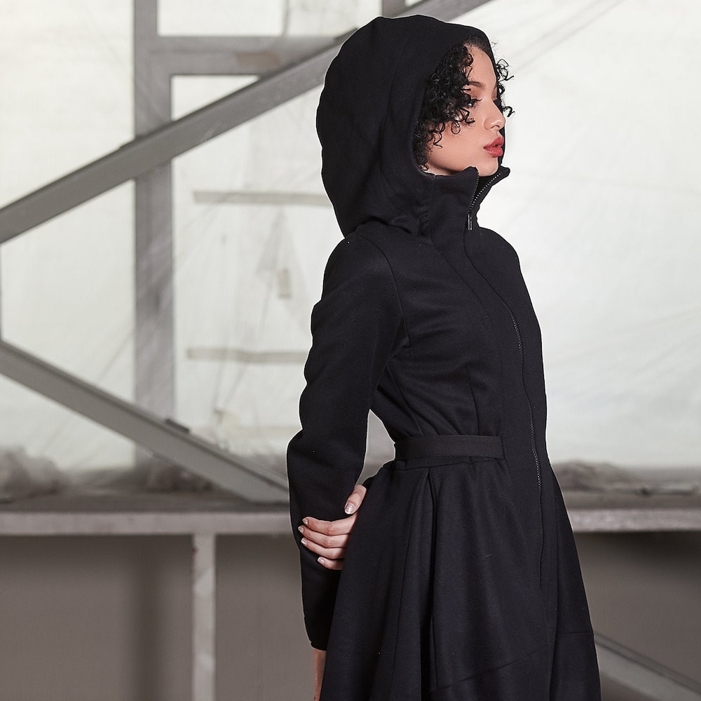 Black Hooded Wool Coat