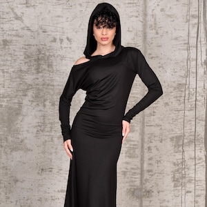 Asymmetric Dress, Long Sleeve Dress, Black Maxi Dress, Trendy Plus Size Clothing, Black Hooded Dress, Plus Size Dress, Black Cocktail Dress