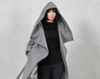 Grauer Wollmantel Frau, Winter mit Kapuze Designer Mantel