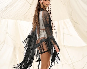 Sheer Fringe Kimono, Festival Rave Poncho, Dance Performance Outfit