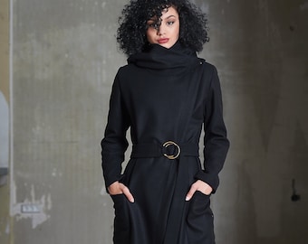 Wool Black Hooded Coat, Belted Winter Coat