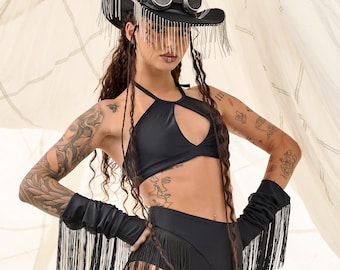 Black Rave Bra Top, Festival Bralette, Futuristic Cut-Out Design