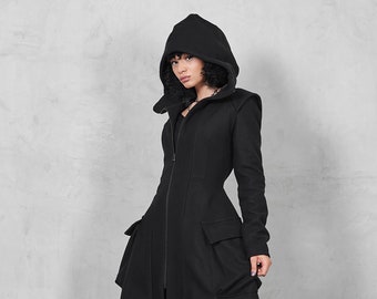 Long Winter Coat Women, Wool Coat Women, Gothic Coat, Long Coat Women, Wool Black Coat with Hood, Hooded Coat, Winter Coat with Big Hood