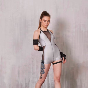 Silver Festival Bodysuit, Sexy Mesh Catsuit, Sexy Bodysuit, Leotard Woman, Festival Unitard Woman, Burning Man Bodysuit, Cyberpunk Bodysuit