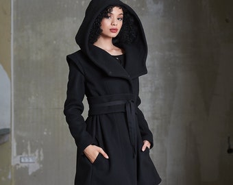 Black Hooded Coat, Big Hood Coat, Winter Coat Women, Wool Winter Coat, Wool Coat Women, Black Coat Woman, Warm Winter Coat, Designer Coat