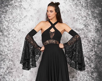 Robe gothique, robe de sorcière sexy, robe à manches évasées, robe d'Halloween, femme costume d'Halloween, robe en dentelle noire, robe gothique, vêtements Goth