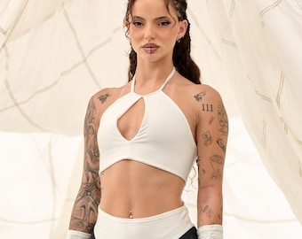 Off-White Crop Top, Biustonosz Rave, Strój Rave, Top Rave, Biały Top Rave, Top Rave, Strój Festiwalowy, Biustonosz Festiwalowy, Futurystyczny Top, GIZDA