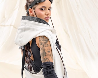 Hooded Festival Scarf Vest, White Cotton Rave Outfit