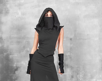 Queens Assassin Costume Womens Black Hooded Dress Arm Wrap Hoodie Waist  Cincher Shorts Terminator Sexy Seductive Cosplay Halloween 3-PC 4845 