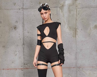 Cut Out Rave Set, Cyberpunk Clothing Woman, Sexy Festival Set, Festival Bralette, Rave Shorts, Burning Man Clothing, High Waisted Shorts