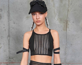 Mesh Rave Crop Top, Black Lace Festival Bralette