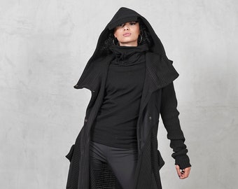 Hooded Wool Winter Coat, Black Warm Outerwear