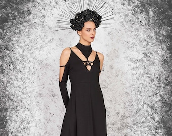 Black Gothic Gown, Pentagram Neckline, Witchycore Dress