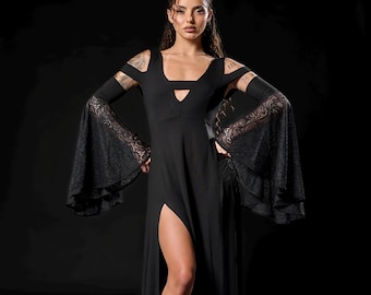 Black Lace Goth Maxi Dress, Cold Shoulder Halloween Costume
