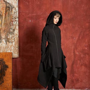 Wool Winter Coat, Steampunk Coat, Minimalist Coat, Black Wool Coat, Gothic Coat, Asymmetrical Coat, Plus Size Coat, Hooded Coat, Maxi Coat