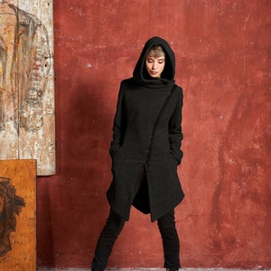 Black Wool Coat, Womens Winter Coat, Asymmetrical Coat, Fitted Coat, Wool Hooded Coat, Warm Coat, Gothic Clothing, Steampunk Clothing, Gizda