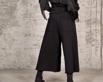 Minimalist Black Cotton Gaucho Pants, Wide Leg Trousers