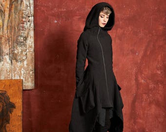 Asymmetrical Wool Hooded Maxi Coat, Steampunk Gothic Winter Coat