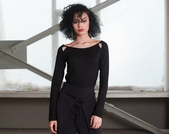 Black Viscose Boat Neck Top, Elegant Cutout Long Sleeve Blouse
