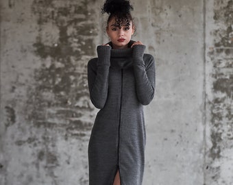 Steampunk Dress, Winter Dress, Knit Cardigan, Dark Gray Knit Top, Pullover, Womens Sweater, Plus Size Sweater, Long Sweter Dress, Maxi Dress