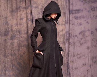 Lungo cappotto invernale donna, cappotto di lana donna, cappotto gotico, cappotto lungo donna, cappotto nero di lana con cappuccio, cappotto con cappuccio, cappotto invernale con cappuccio grande