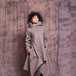 Grauer Wintermantel, Langer Wintermantel, Kapuzenmantel, Damen Maxi Mantel, Grauer Wollmantel, Steampunk Mantel, Gothic Mantel, Wintermantel Frauen, Wollmantel