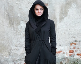 Kimono Cardigan, Gothic Jacket, Goth Clothing, Steampunk Jacket, Black Cardigan, Big Hood Hoodies, Black Jacket, Plus Size Cardigan