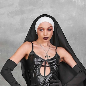 Long Nun Veil, Black Veil Nun, Halloween Costume Woman, Nun Cosplay Costume, Nun Wimple, Nun Collar, Nun Outfit, Halloween Accessories