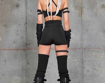 Festival Clothing Woman Two Piece, Rave Woman Set, Rave Outfit, Cyberpunk  Clothing, High Waisted Shorts, Black Crop Top, Mesh Top, Lace Top -   Canada