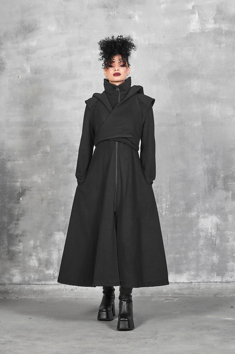 Long Winter Coat Women, Wool Coat Women, Gothic Coat, Long Coat Women, Wool Black Coat with Hood, Hooded Coat, Winter Coat with Big Hood image 7