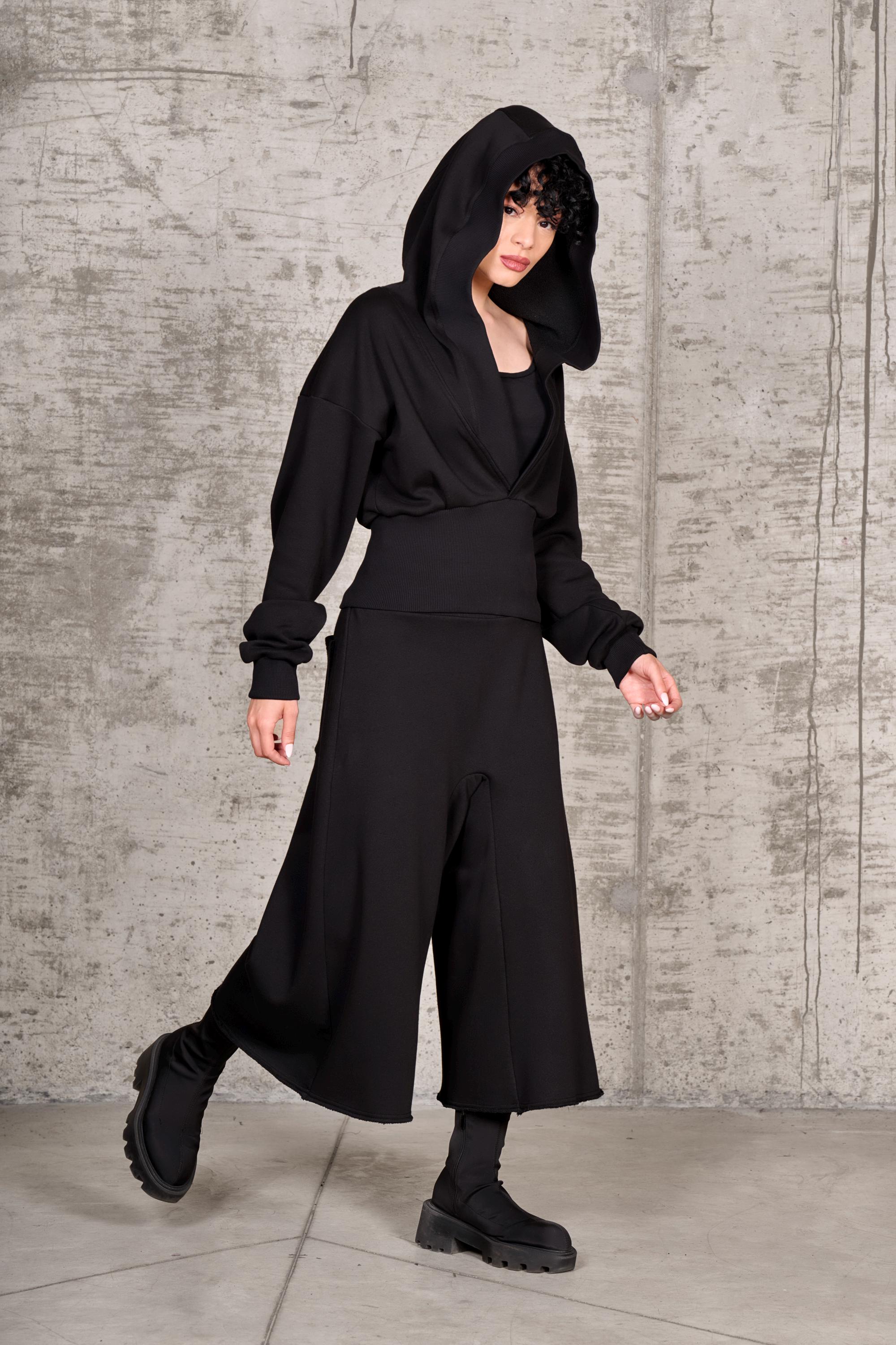 Black Cropped Hoodie, Oversized Hood, Gothic Cotton Top - Etsy