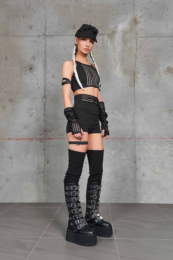 Festival Clothing Woman Two Piece, Rave Woman Set, Rave Outfit, Cyberpunk  Clothing, High Waisted Shorts, Black Crop Top, Mesh Top, Lace Top -   Canada