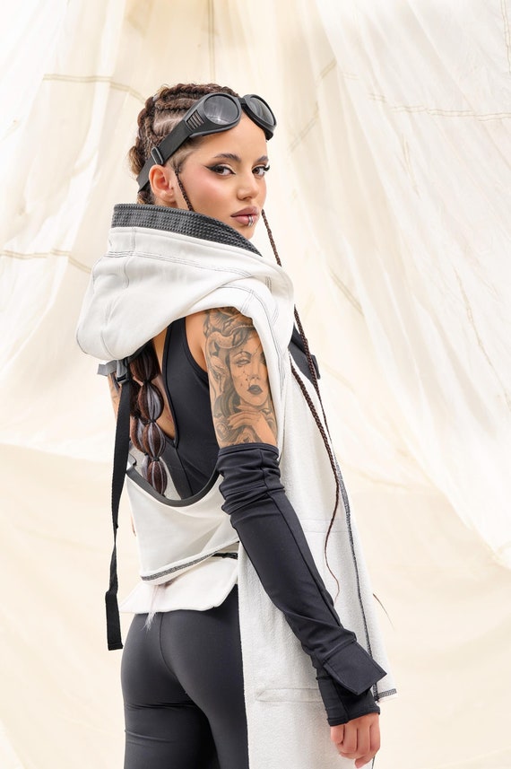 Hooded Festival Scarf Vest, White Cotton Rave Outfit