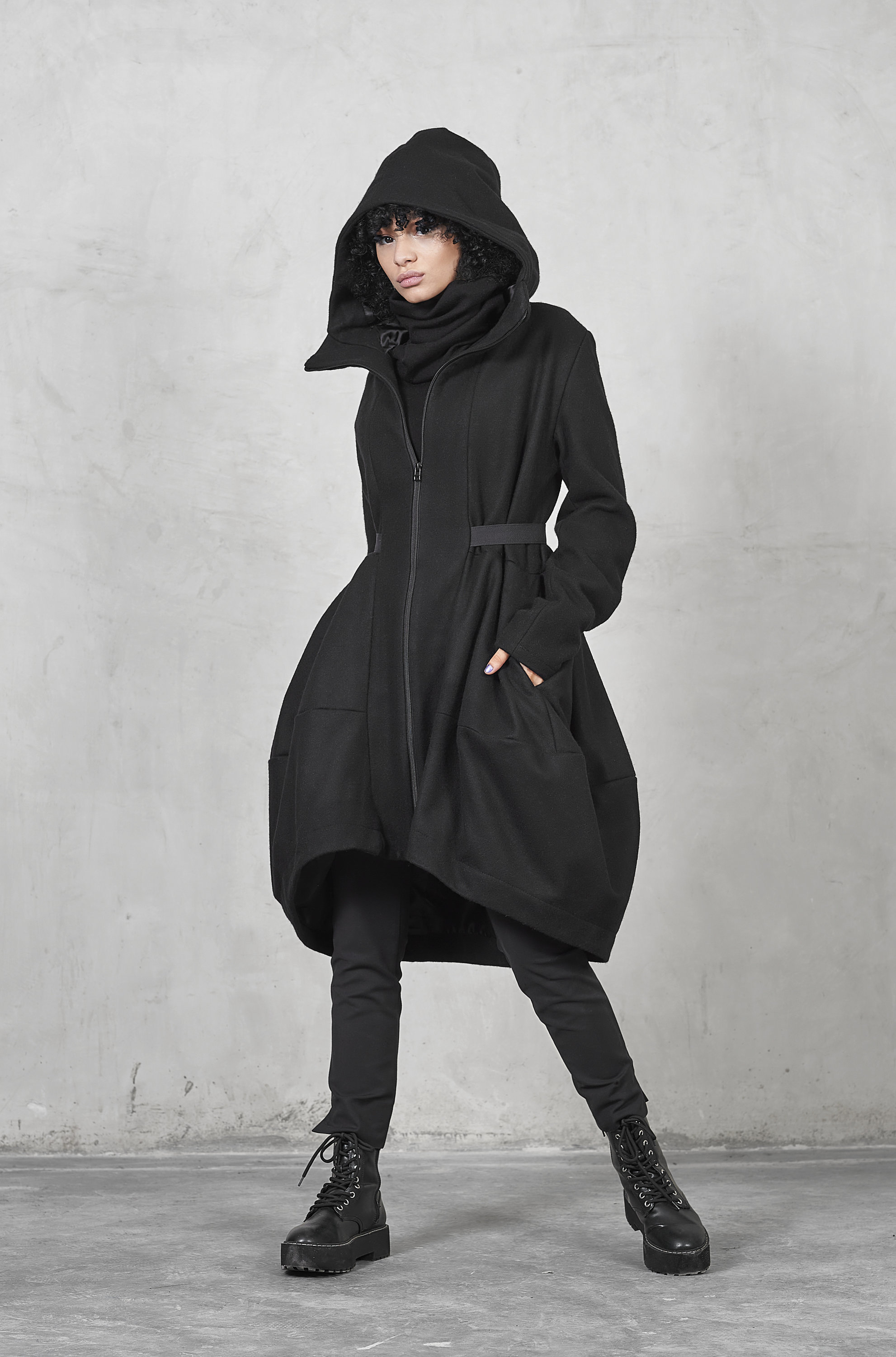 Black Winter Hooded Wool Coat Women, Asymmetrical Midi Wool, 50% OFF