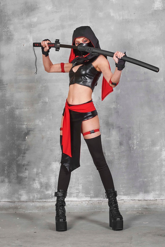 Disfraz de ninja para mujer, top de ninja sexy, top corto de ninja negro,  traje de