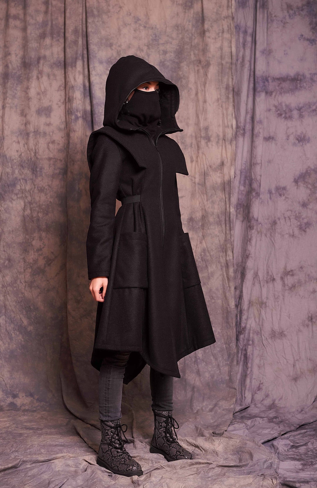 Hooded Wool Winter Coat With Face Shield, Black Belted Coat - Etsy