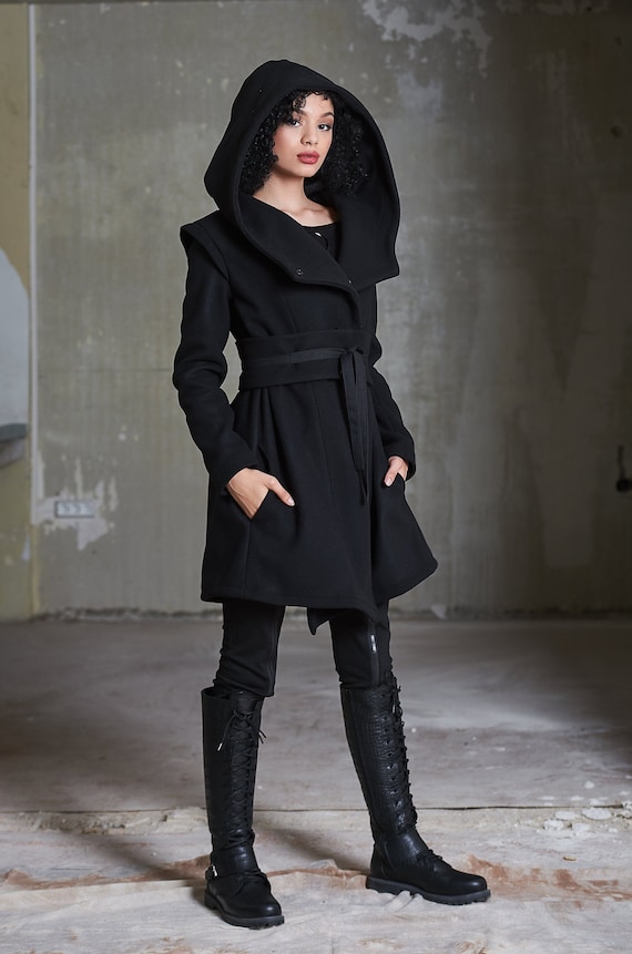 Black Hooded Coat, Big Hood Coat, Winter Coat Women, Wool Winter