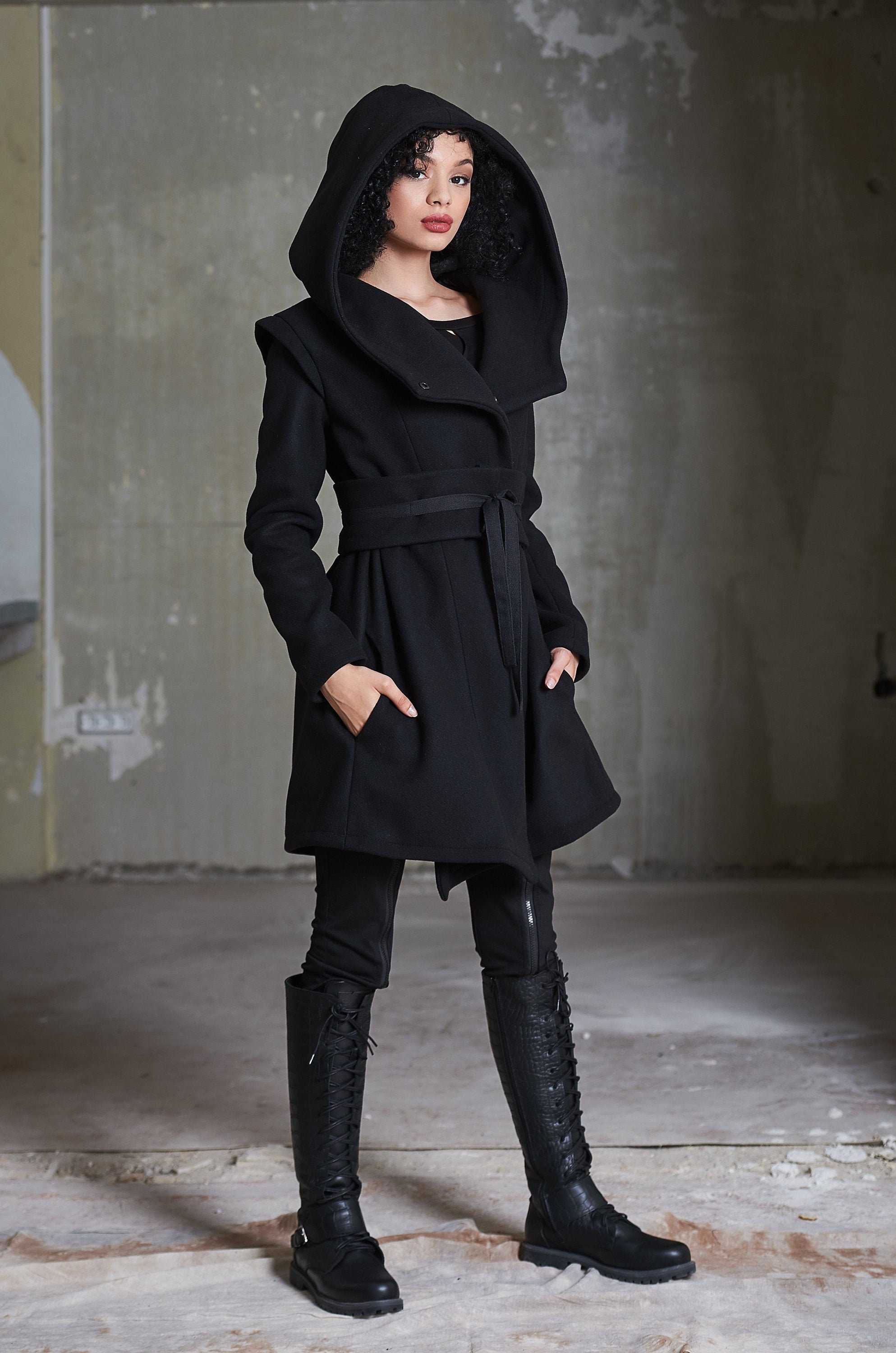 Black Hooded Coat Big Hood Coat Winter Coat Women Wool Winter Coat