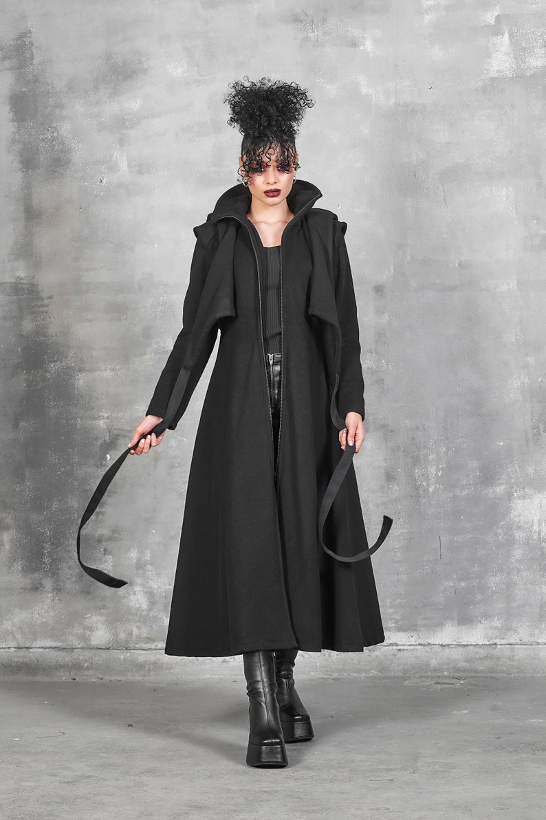 Long Winter Coat Women, Wool Coat Women, Gothic Coat, Long Coat Women, Wool Black Coat with Hood, Hooded Coat, Winter Coat with Big Hood image 2