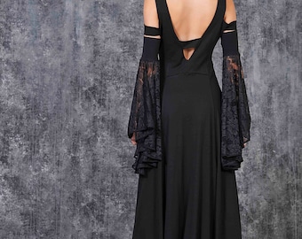 Black Lace Goth Maxi Dress, Cold Shoulder Sleeves, Halloween Costume - Etsy Black Lace Goth Maxi Dress, Cold Shoulder Sleeves, Halloween Costume - Etsy